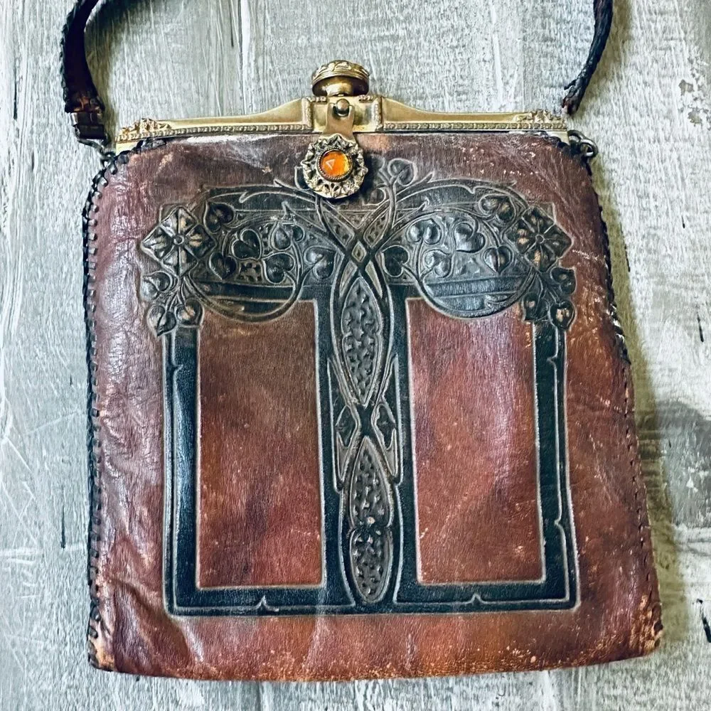 Amity Vintage Antique Leather Tooled Wallet Pouch Bag